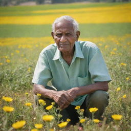 An elderly Indian farmer diligently working in luminous green fields under the radiant sunlight, surrounded by scatterings of colorful flowers like wheat, roses, and sunflowers