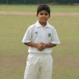 A boy named Furqan, dressed in cricket attire, standing confidently on a cricket pitch.