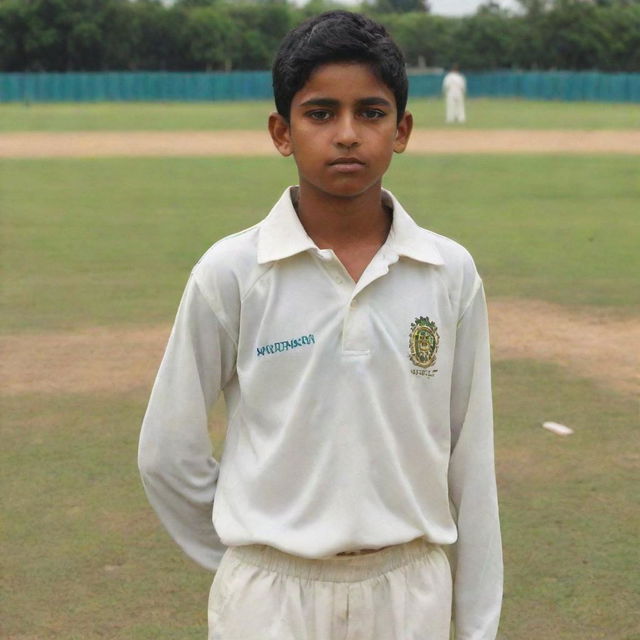 A boy named Furqan, dressed in cricket attire, standing confidently on a cricket pitch.