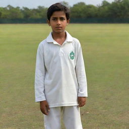 A boy named Furqan, dressed in cricket attire, standing confidently on a cricket pitch.