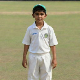 A boy named Furqan, dressed in cricket attire, standing confidently on a cricket pitch.