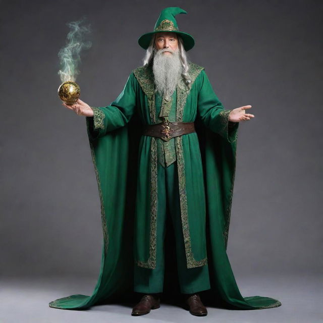 A detailed image of a wizard-like sorcerer donned in an elegant green suit, complete with mystical accessories.