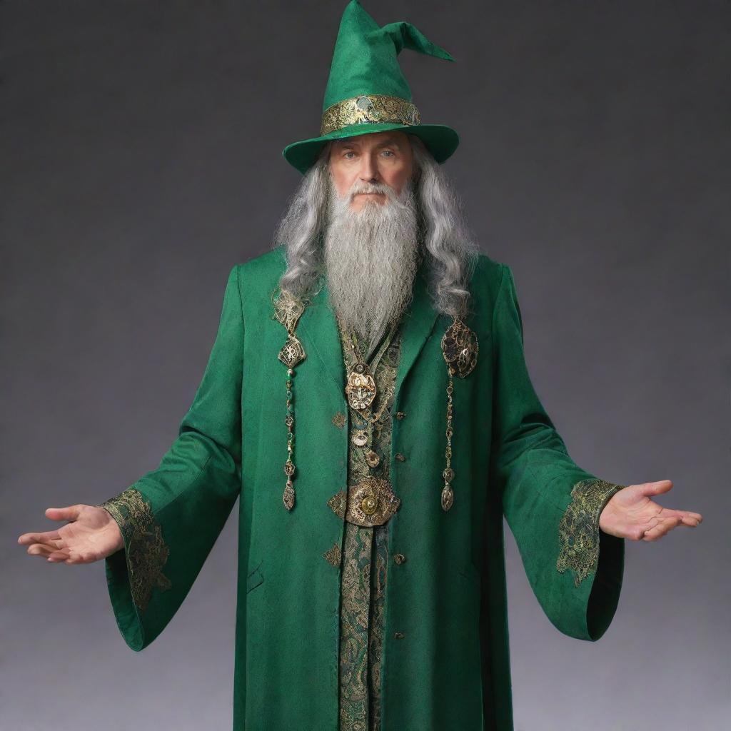 A detailed image of a wizard-like sorcerer donned in an elegant green suit, complete with mystical accessories.