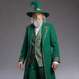 A detailed image of a wizard-like sorcerer donned in an elegant green suit, complete with mystical accessories.