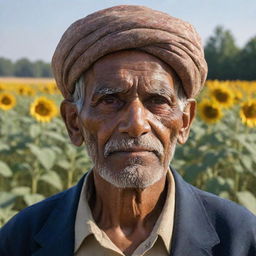 A detailed AI-generated portrait of an old Indian farmer, bathed in sunlight, set against the backdrop of lush green fields adorned with wheat, roses, and sunflowers