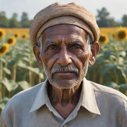 A detailed AI-generated portrait of an old Indian farmer, bathed in sunlight, set against the backdrop of lush green fields adorned with wheat, roses, and sunflowers