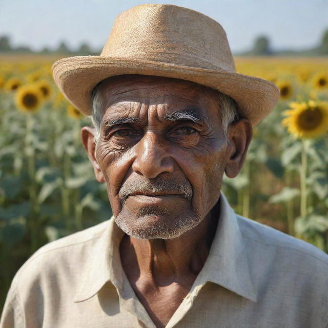 A detailed AI-generated portrait of an old Indian farmer, bathed in sunlight, set against the backdrop of lush green fields adorned with wheat, roses, and sunflowers