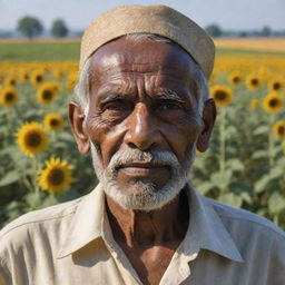 A detailed AI-generated portrait of an old Indian farmer, bathed in sunlight, set against the backdrop of lush green fields adorned with wheat, roses, and sunflowers