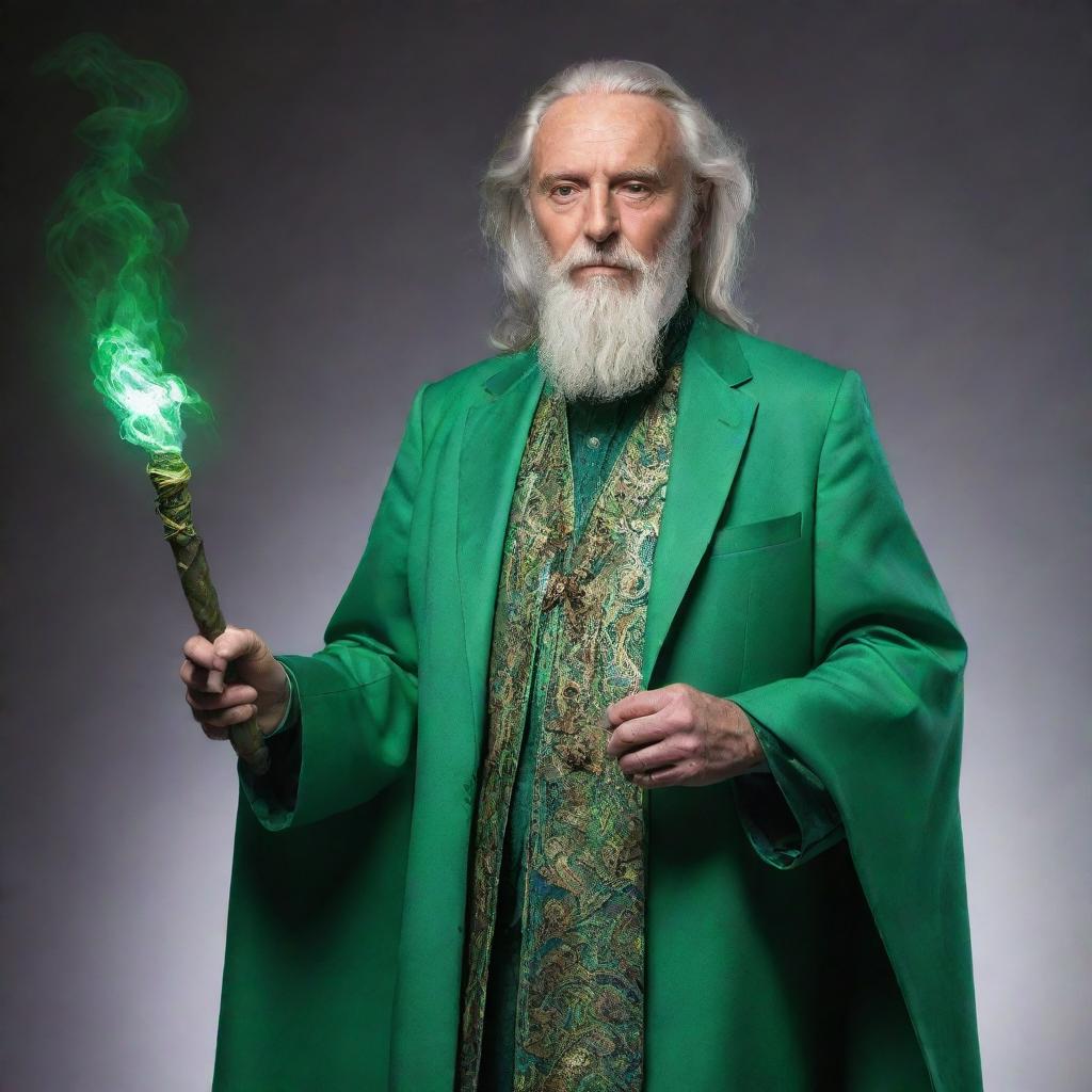 A wise sorcerer dressed in a vibrant green suit, holding a mystical staff, surrounded by an aura of magical energy