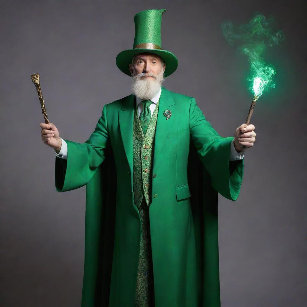 A wise sorcerer dressed in a vibrant green suit, holding a mystical staff, surrounded by an aura of magical energy