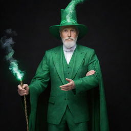 A wise sorcerer dressed in a vibrant green suit, holding a mystical staff, surrounded by an aura of magical energy