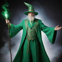 A wise sorcerer dressed in a vibrant green suit, holding a mystical staff, surrounded by an aura of magical energy