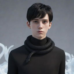 A serious-faced 3D animated teenage boy, dressed in a black aesthetic ensemble, with a slender snake made entirely of ice draped around his neck.