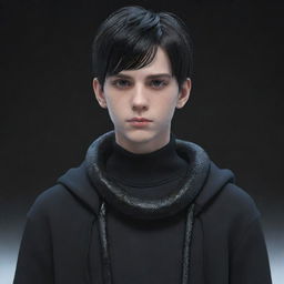 A serious-faced 3D animated teenage boy, dressed in a black aesthetic ensemble, with a slender snake made entirely of ice draped around his neck.