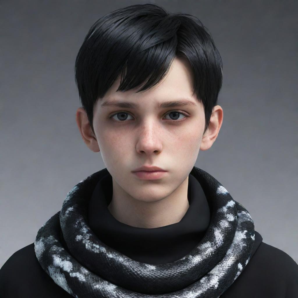 A serious-faced 3D animated teenage boy, dressed in a black aesthetic ensemble, with a slender snake made entirely of ice draped around his neck.