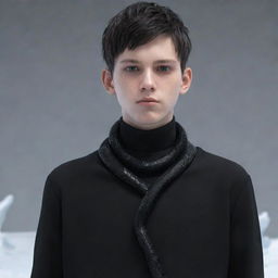 A serious-faced 3D animated teenage boy, dressed in a black aesthetic ensemble, with a slender snake made entirely of ice draped around his neck.