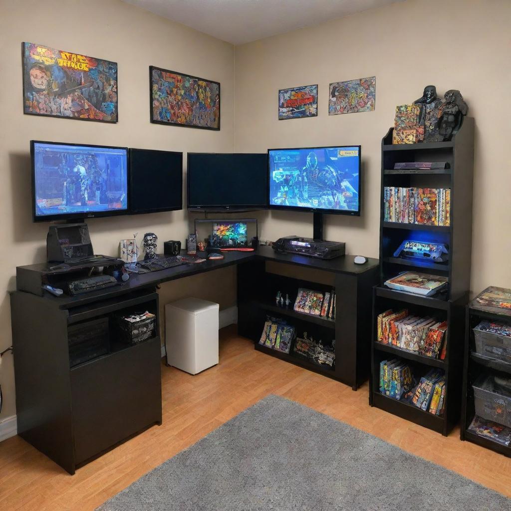 L-shaped gaming desk accommodating a PS5 and a monitor, accompanied by a bookshelf loaded with Star Wars and Marvel comics. Another shelf displays action figures from Star Wars and Marvel. Room is completed with two vintage arcade machines, under soft studio lighting.