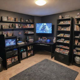 L-shaped gaming desk accommodating a PS5 and a monitor, accompanied by a bookshelf loaded with Star Wars and Marvel comics. Another shelf displays action figures from Star Wars and Marvel. Room is completed with two vintage arcade machines, under soft studio lighting.