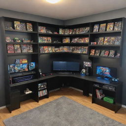 L-shaped gaming desk accommodating a PS5 and a monitor, accompanied by a bookshelf loaded with Star Wars and Marvel comics. Another shelf displays action figures from Star Wars and Marvel. Room is completed with two vintage arcade machines, under soft studio lighting.