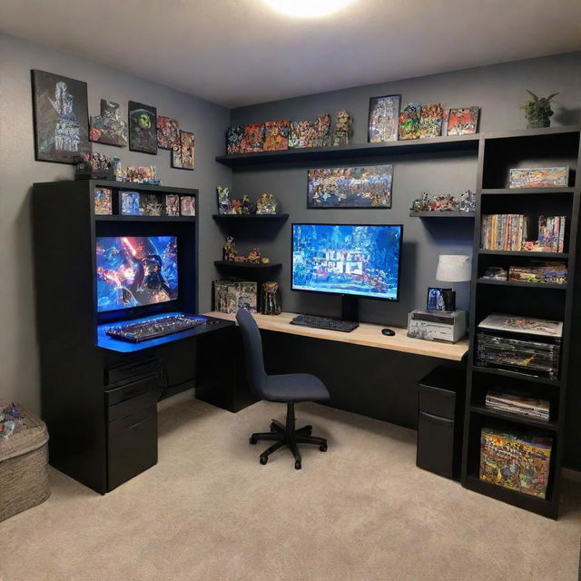 L-shaped gaming desk accommodating a PS5 and a monitor, accompanied by a bookshelf loaded with Star Wars and Marvel comics. Another shelf displays action figures from Star Wars and Marvel. Room is completed with two vintage arcade machines, under soft studio lighting.