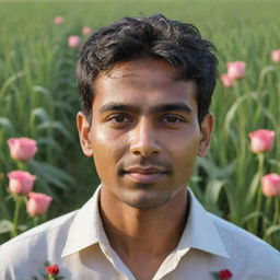 An AI-generated image of a young Indian farmer's face illuminated by the sunlight, set against a vibrant green background of flourishing wheat fields adorned with roses