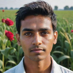 An AI-generated image of a young Indian farmer's face illuminated by the sunlight, set against a vibrant green background of flourishing wheat fields adorned with roses