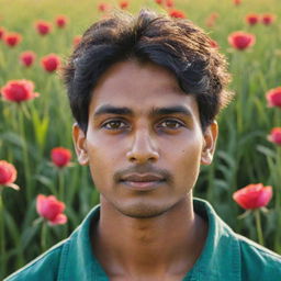 An AI-generated image of a young Indian farmer's face illuminated by the sunlight, set against a vibrant green background of flourishing wheat fields adorned with roses