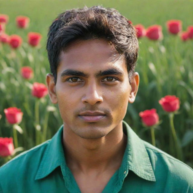 An AI-generated image of a young Indian farmer's face illuminated by the sunlight, set against a vibrant green background of flourishing wheat fields adorned with roses