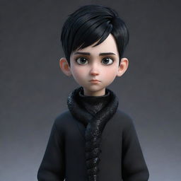 A 3D animated boy with a serious expression, sporting a goth aesthetic in black attire, an ice snake elegantly draped around his neck.