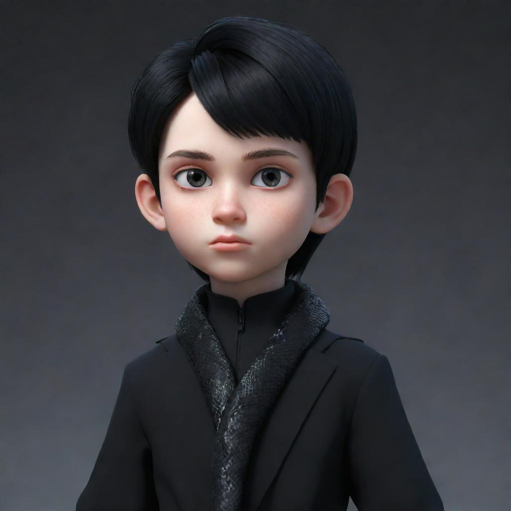 A 3D animated boy with a serious expression, sporting a goth aesthetic in black attire, an ice snake elegantly draped around his neck.