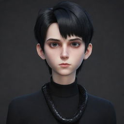 A 3D animated boy with a serious expression, sporting a goth aesthetic in black attire, an ice snake elegantly draped around his neck.