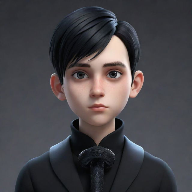 A 3D animated boy with a serious expression, sporting a goth aesthetic in black attire, an ice snake elegantly draped around his neck.