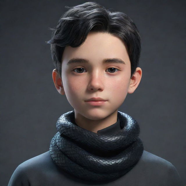 A 3D animation of a boy with a serious smirk, garbed in black aesthetic clothing, displaying an intricate ice snake elegantly coiled around his neck.