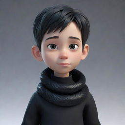 A 3D animation of a boy with a serious smirk, garbed in black aesthetic clothing, displaying an intricate ice snake elegantly coiled around his neck.