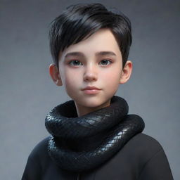 A 3D animation of a boy with a serious smirk, garbed in black aesthetic clothing, displaying an intricate ice snake elegantly coiled around his neck.