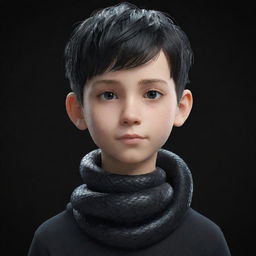 A 3D animation of a boy with a serious smirk, garbed in black aesthetic clothing, displaying an intricate ice snake elegantly coiled around his neck.