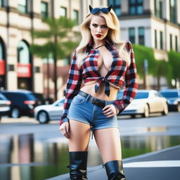 A high-resolution photograph of a captivating blonde woman with vampire fangs, wearing a tied-up plaid shirt, denim shorts, and thigh-high latex boots