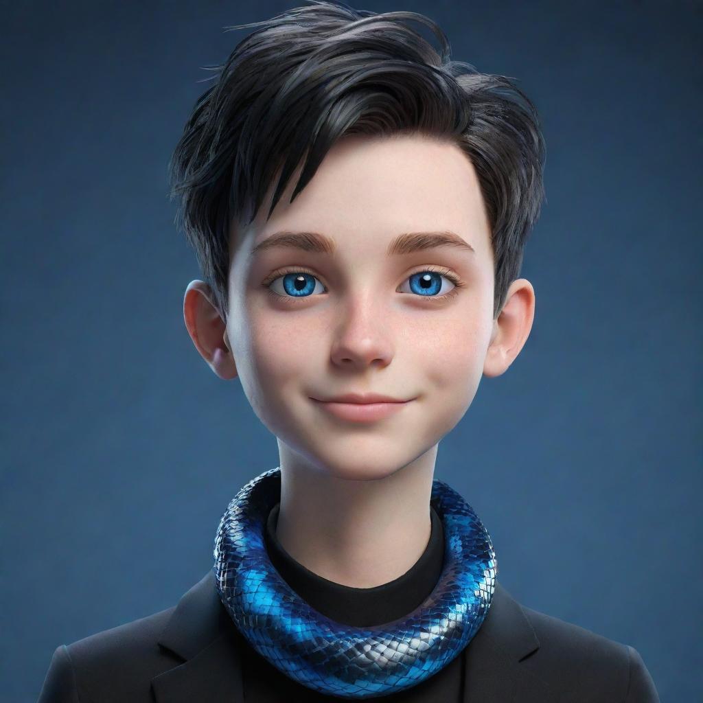 A 3D animated boy with a smirking facial expression, kitted out in black aesthetic attire, highlighting striking blue eyes and an ice snake elegantly wrapped around his neck.