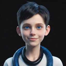 A 3D animated boy with a smirking facial expression, kitted out in black aesthetic attire, highlighting striking blue eyes and an ice snake elegantly wrapped around his neck.