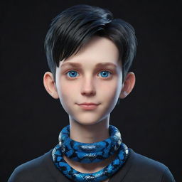 A 3D animated boy with a smirking facial expression, kitted out in black aesthetic attire, highlighting striking blue eyes and an ice snake elegantly wrapped around his neck.