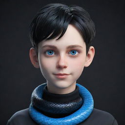 A 3D animated boy with a smirking facial expression, kitted out in black aesthetic attire, highlighting striking blue eyes and an ice snake elegantly wrapped around his neck.