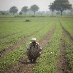 An Indian farmer working diligently under the sunlight, set against a vibrant, lush green farming field