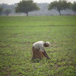 An Indian farmer working diligently under the sunlight, set against a vibrant, lush green farming field