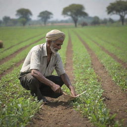 An Indian farmer working diligently under the sunlight, set against a vibrant, lush green farming field