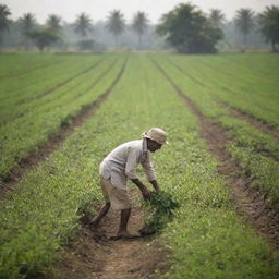 An Indian farmer working diligently under the sunlight, set against a vibrant, lush green farming field