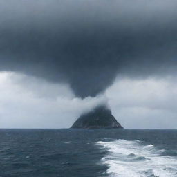 An eerie and ominous view of Devil's Sea, also known as the Dragon's Triangle, located off the coast of Japan. Indicate an aura of mystery with dissolving ships and planes, under a voltageouz sky.