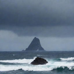 An eerie and ominous view of Devil's Sea, also known as the Dragon's Triangle, located off the coast of Japan. Indicate an aura of mystery with dissolving ships and planes, under a voltageouz sky.