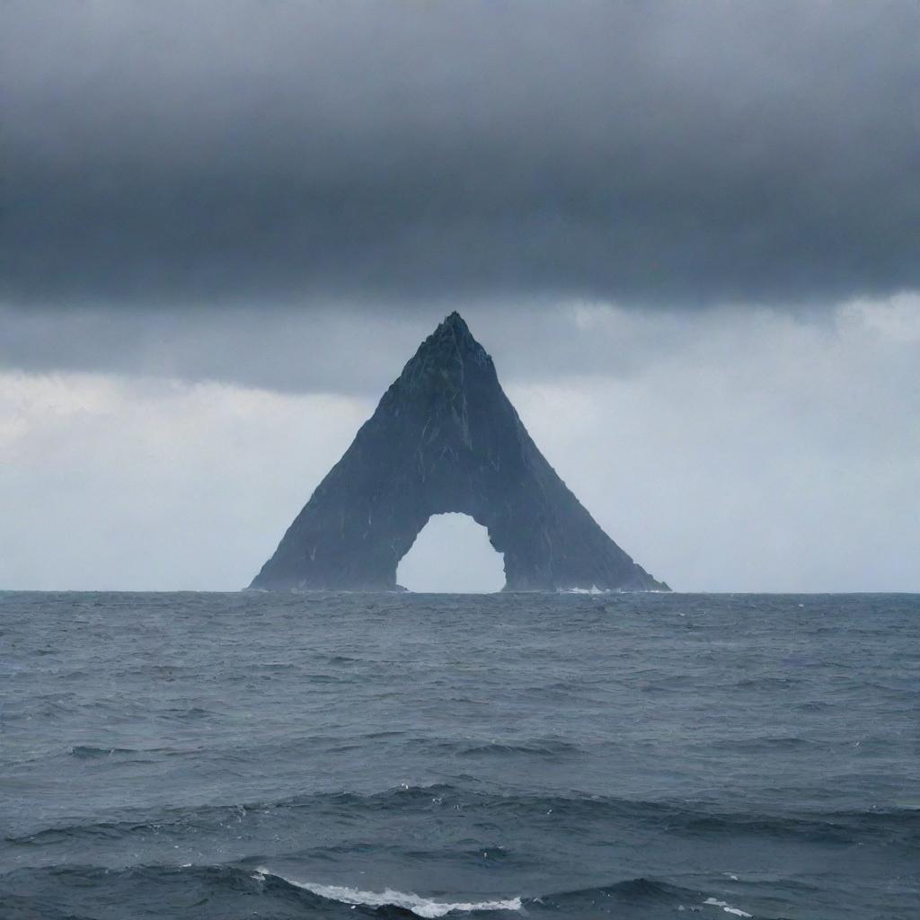 An eerie and ominous view of Devil's Sea, also known as the Dragon's Triangle, located off the coast of Japan. Indicate an aura of mystery with dissolving ships and planes, under a voltageouz sky.