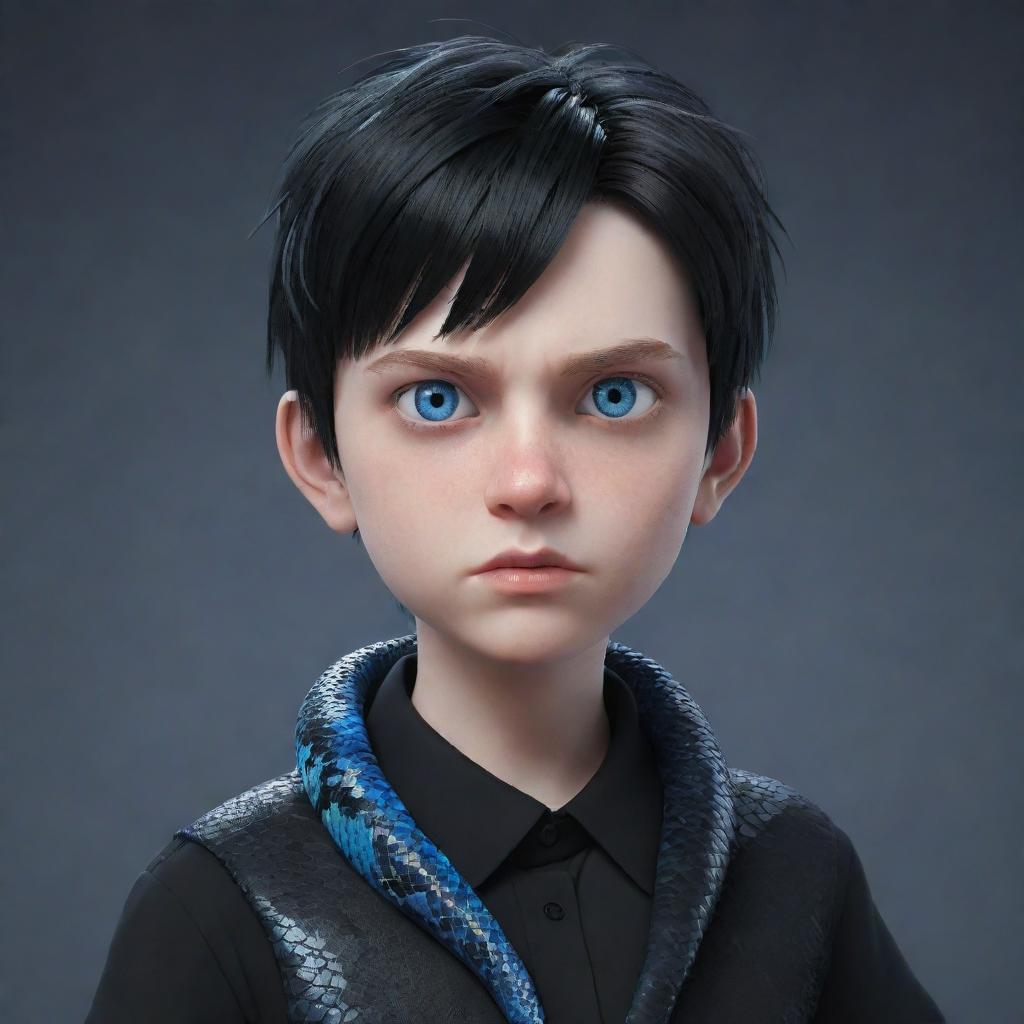 A 3D rendered animated boy with an angry expression, clothed in a black aesthetic outfit, bearing a shirt with the print 'Rep', possessing captivating blue eyes, and an ice snake gracefully coiled around his neck.