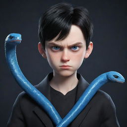 A 3D rendered animated boy with an angry expression, clothed in a black aesthetic outfit, bearing a shirt with the print 'Rep', possessing captivating blue eyes, and an ice snake gracefully coiled around his neck.